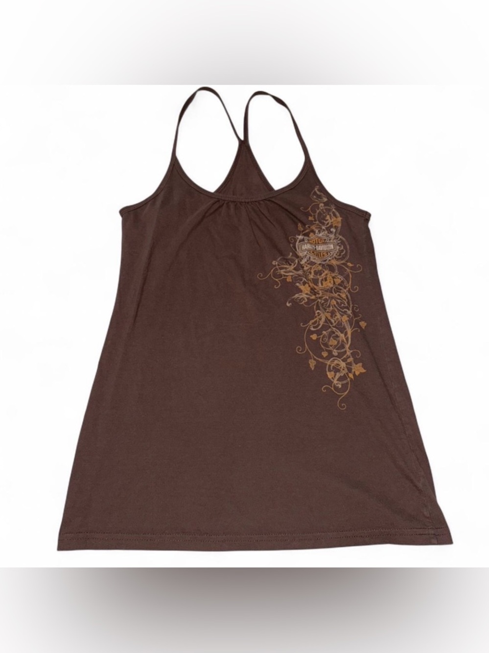 Harley-Davidson Brown Tank Top with Gold Floral Graphic